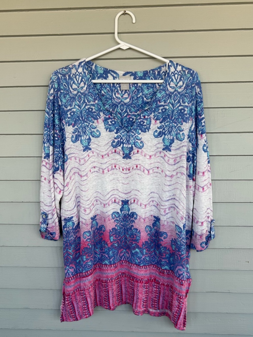 Chico's patterned tunic top 3/4 sleeves Sz 2 100% Linen Coastal Grandma Beachy